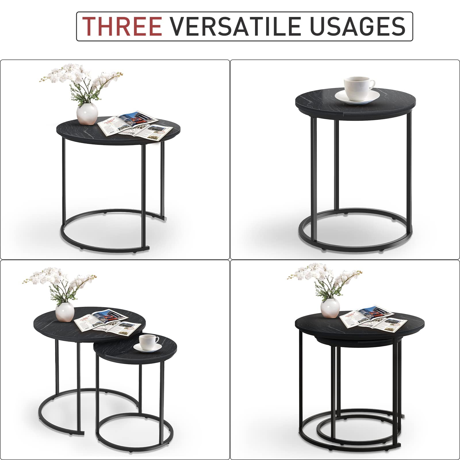 Black Marble Nesting Coffee Table for Small Place 24 in 2 Sets High Side End Sofa Table Nightstand Modern Furniture Living Room Cabin Bed Room Dining RoomGarden 4 You (Black Marble)