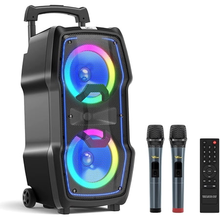 VeGue Karaoke Machine with Bluetooth, 2 UHF Wireless Microphones, Colorful LED Lights
