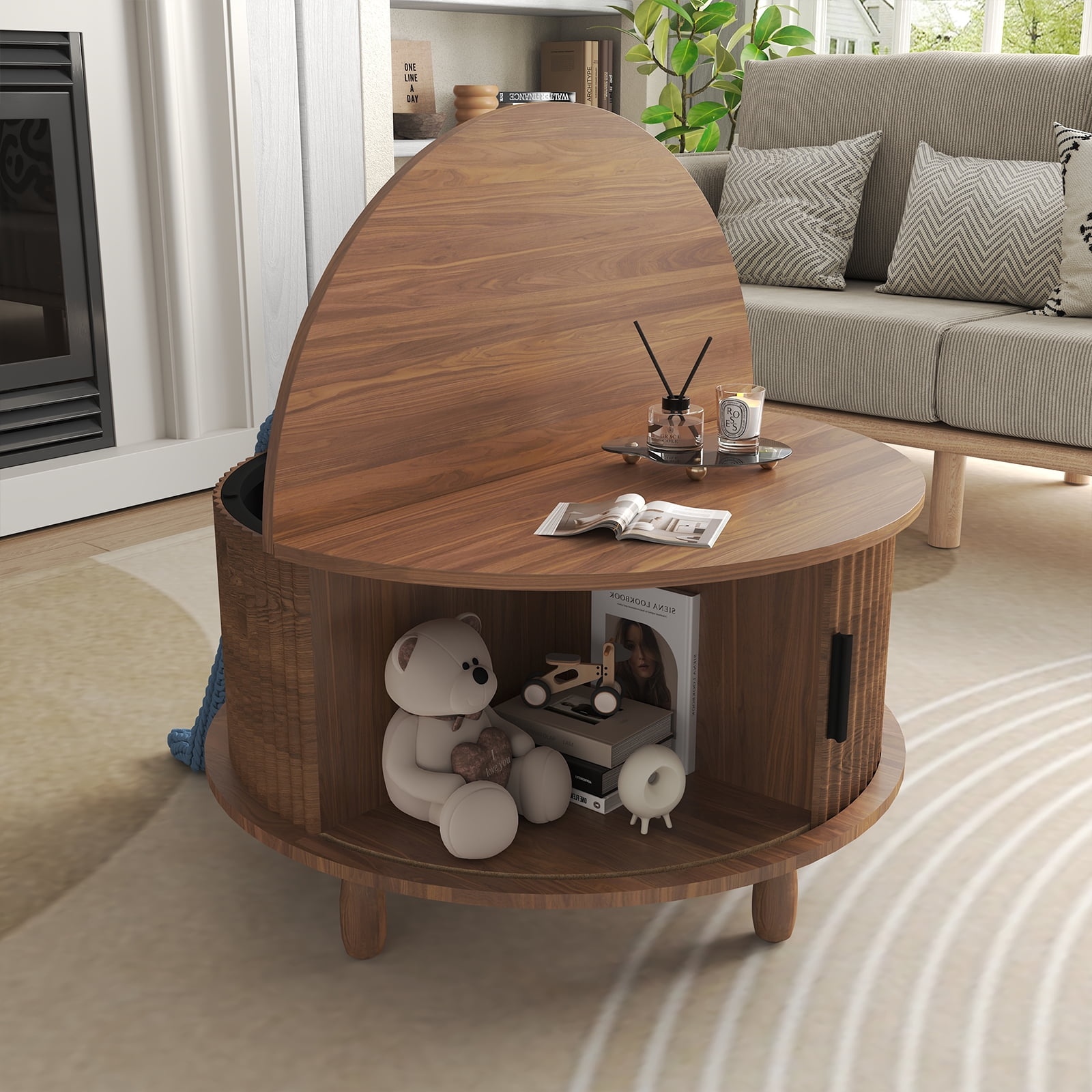 Strafriture Round Coffee Table with Storage, 30.7" Modern Coffee Table with 360° Curved Sliding Door, Fluted Wood Coffee Table with Footpads, Round Center Table for Living Room, Walnut