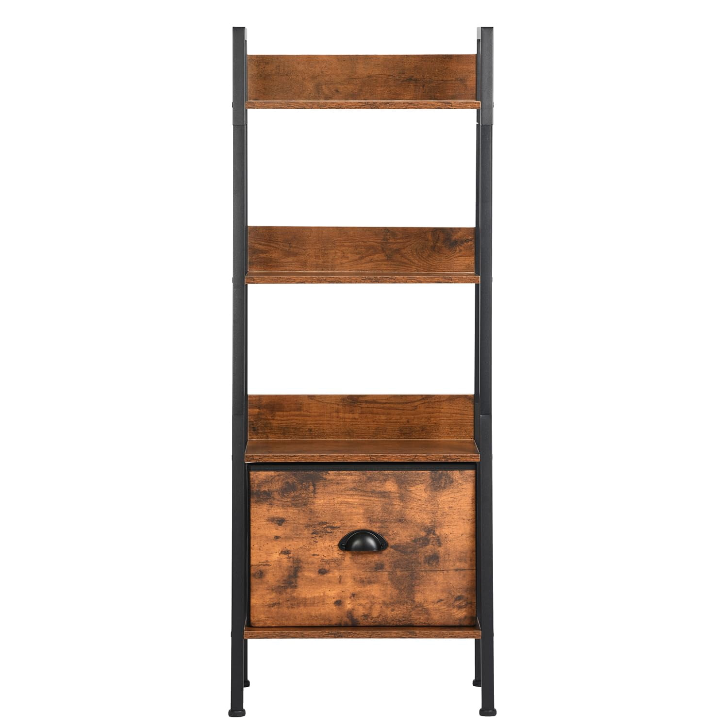 3 Tier Ladder Shelf with Removable Drawer, Bookshelf Bookcase Storage Rack Organizer, Freestanding Storage Shelf for Living Room, Home Office, Bedroom, Brown