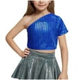 thumbnail image 2 of BRGZLK Kids Summer Cute Tops ,Children's Performance Costume Sequin Sloping Shoulder T-Shirt With Exposed Waist and Navel Elastic Top Blue 8-9 Years, 2 of 4