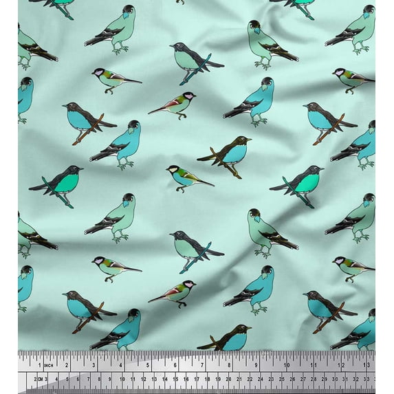 Soimoi Green polyester Crepe Fabric Artistic Bird Print Fabric by the Yard 42 Inch Wide