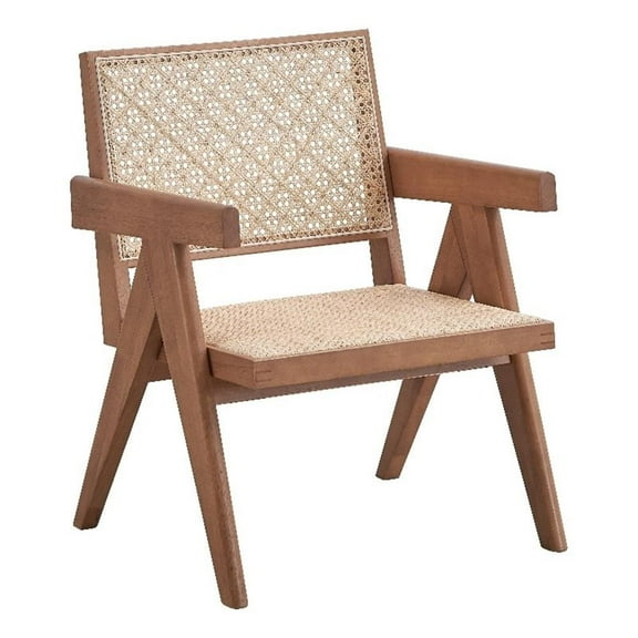 Pemberly Row Square Arm Rattan & Wood Accent Chair in Natural