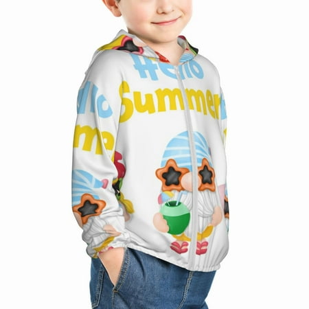 

Uemuo Gnomes Summer Beach Pattern Rash Guard for Boys Girls Long Sleeve Swim Shirts UPF 50+ UV Sun Protection Hooded Fishing Shirt with Pocket for Kid-4 Years