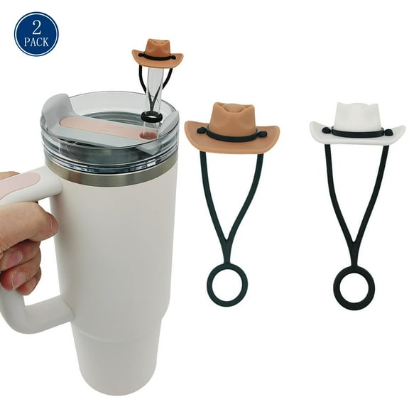 SkyAuks 2 Pack Silicone Cowboy Hat Straw Covers Cap Compatible with Stanley Cup 30 40 oz, Cute Funny Tumbler Straw Topper Accessories for Man & Woman Gift (Brown White)