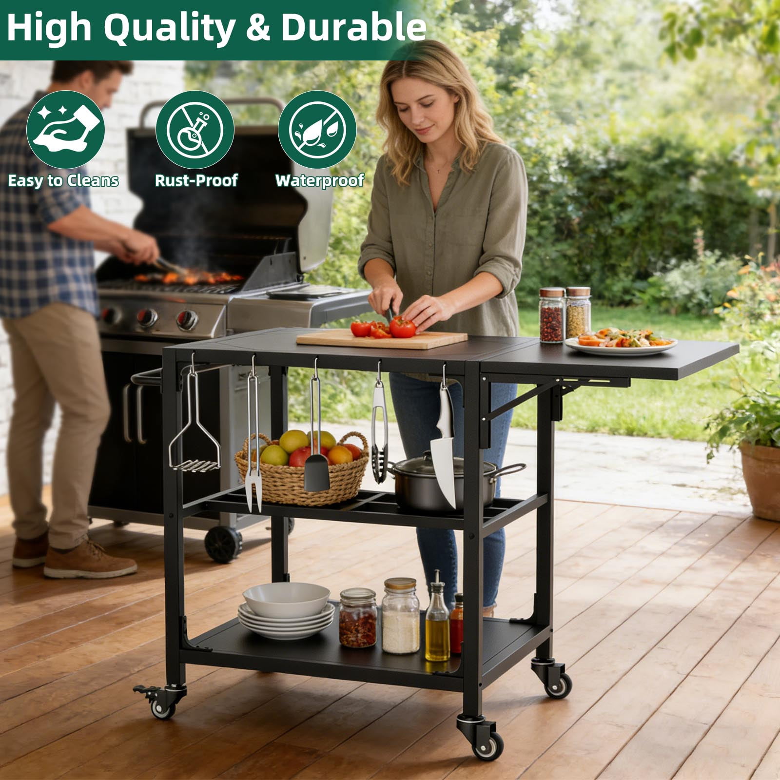 Outdoor Grill Table Compatible with Large Big Green Egg, Heavy Duty Metal Kamado Cart with Wheels, Storage Shelf, Hooks and Removable Central Cover for 21-26 Inch Kamado Style Grill