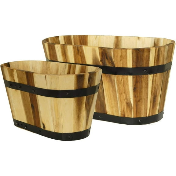 Classic Home and Garden Acacia Wood Oval Half-Barrel Planters with Metal Band, Assorted Sizes, Set of 2