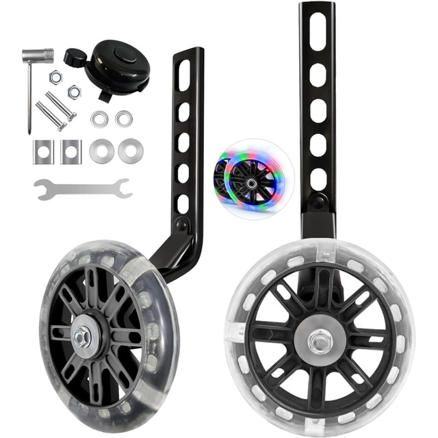 Kids' Balance Training Wheels with Flashing Lights for 12-20 Inch Bicycles - Includes Support Bracket, Tools, and Accessories in Black and Multiple Colors