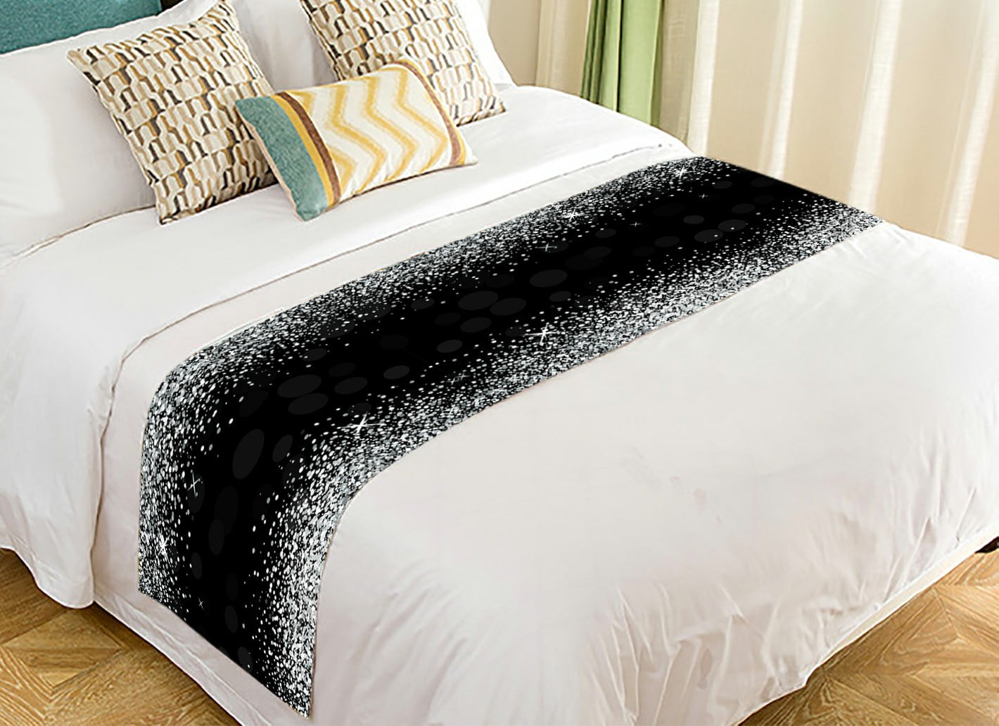 ABPHQTO Shiny Silver Glitter Black Bed Runner Bedding Scarf Bed