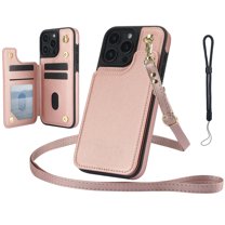 Dteck for iPhone 15 Pro Case Crossbody Wallet with Card Holder, Credit Card Slots Kickstand Shockproof Phone Cover with Wrist/Shoulder Strap for Women Men,Rosegold