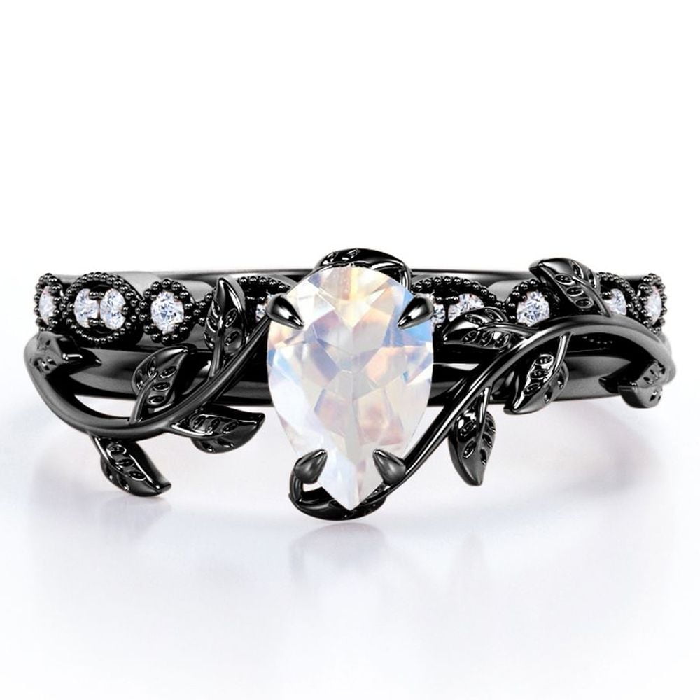 JeenMata Inspired by Nature - 1.75 Carat Pear Shape Blue Moonstone and Moissanite - Filigree Milgrain Wedding Ring Set - 18K Black Gold Plating over Silver