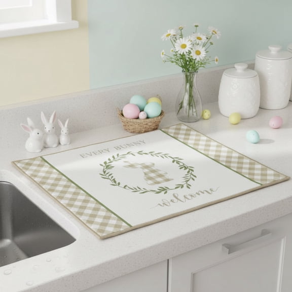 Serafina Home Happy Easter Bunny Dish Drying Mat: Every Bunny Welcome Wreath 15" x 20" inches