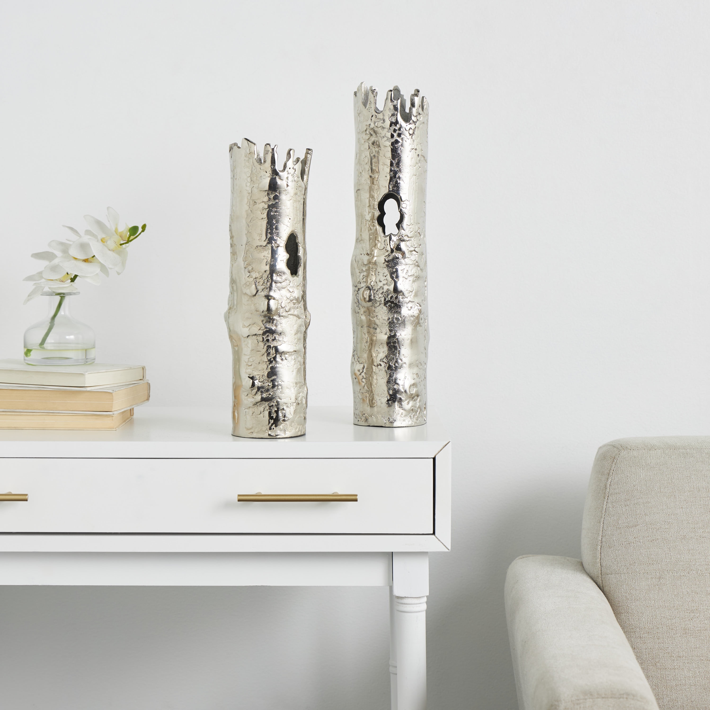 CosmoLiving by Cosmopolitan 18", 15"H Tree Trunk Inspired Silver Aluminum Vase, Set of 2