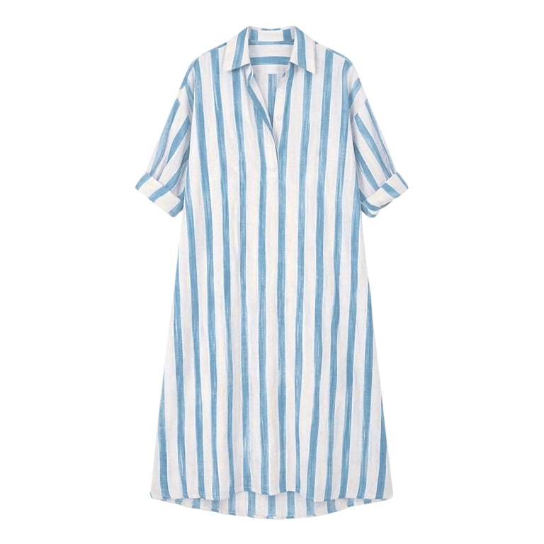 linen blend striped shirt dress Belted striped shirt dress - Women