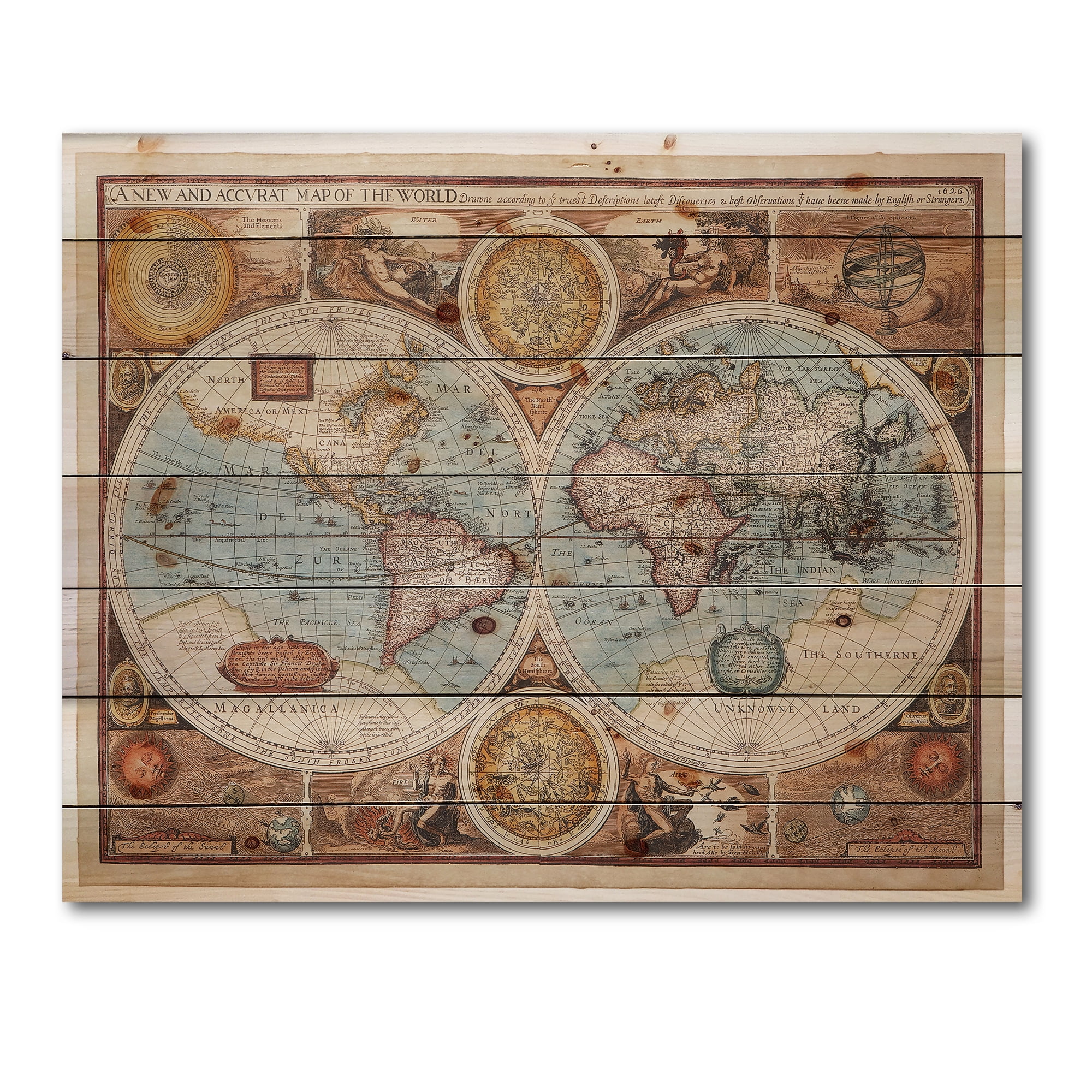 Designart 'Vintage Map of The World VIII' Vintage Print on Natural Pine Wood