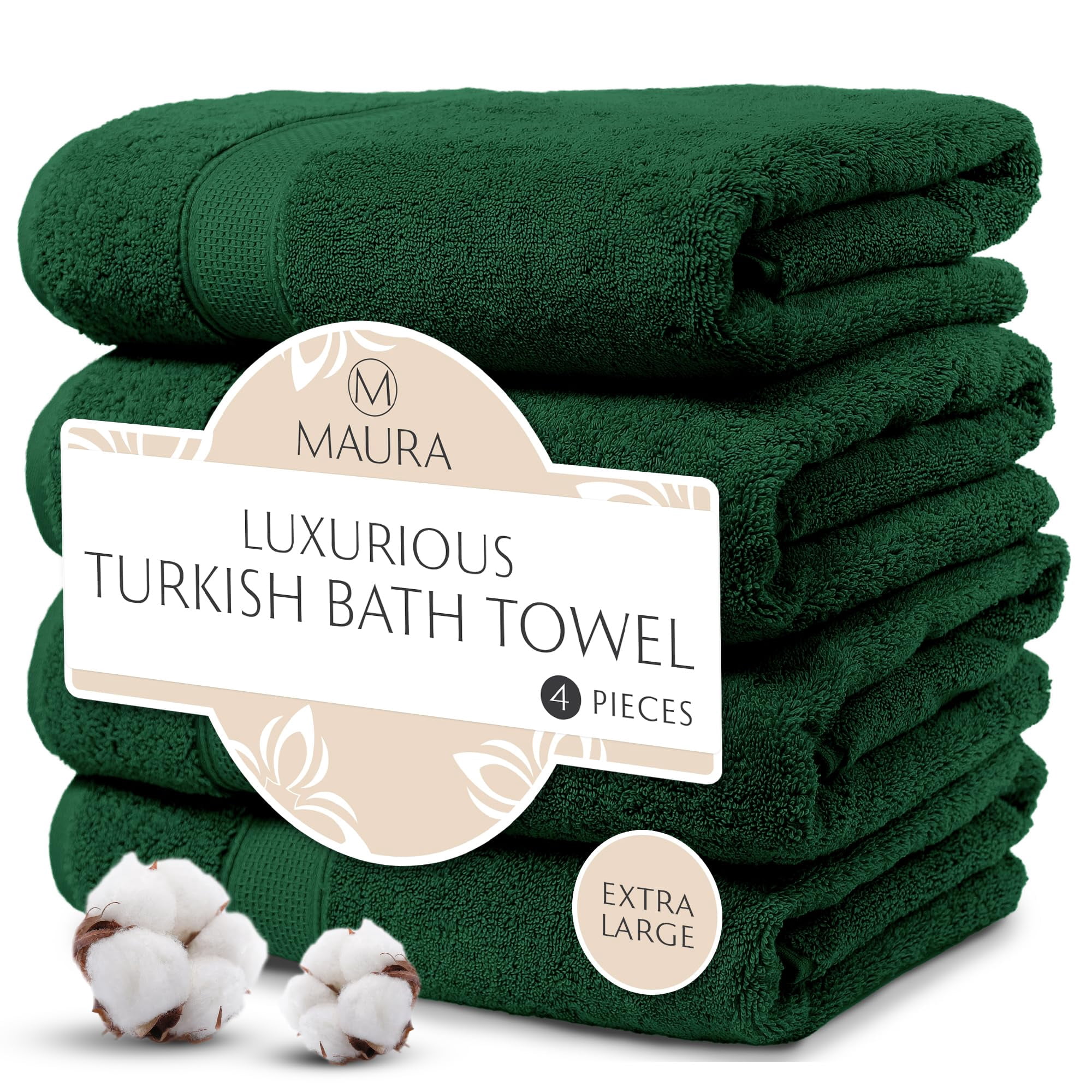 MAURA Hunter Green Extra Large Turkish Cotton Luxury Bath Towels set of 4. Ultra-Soft, Thick & Plush Towels for Bathroom - Dark Green