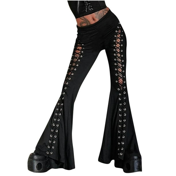 Xysaqa Women's Lace Up High Waist Flare Pants Trendy Sexy Cut Out