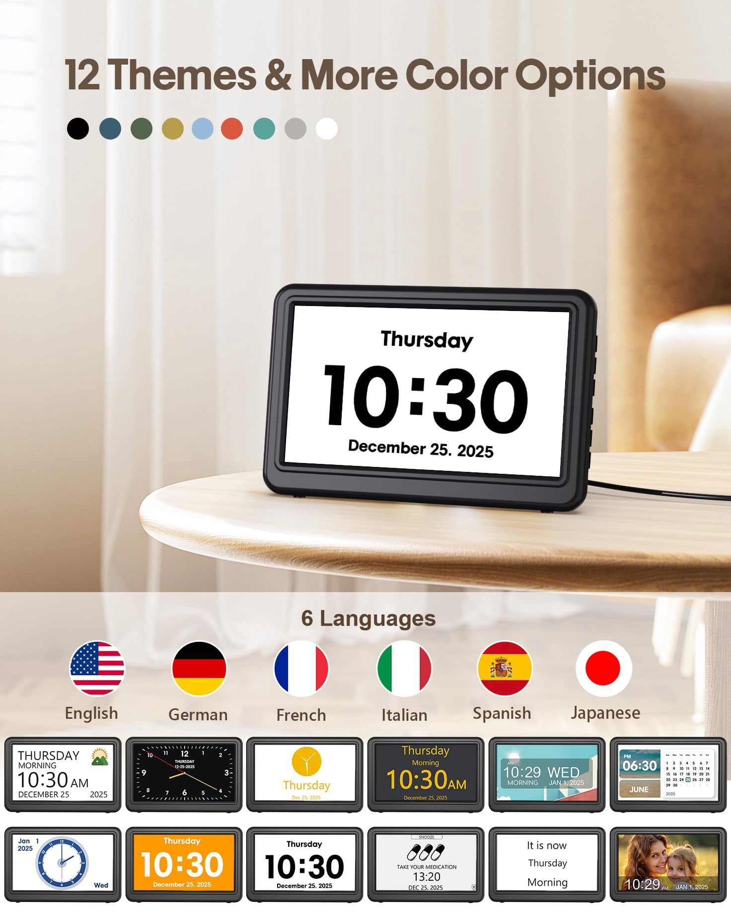 Clock With Day And Date For  7" Large Display Digital Calendar 20 Custom Alarms Reminders Dimmable Dementia Alzheimers Clocks Seniors Black (ac Powered)
