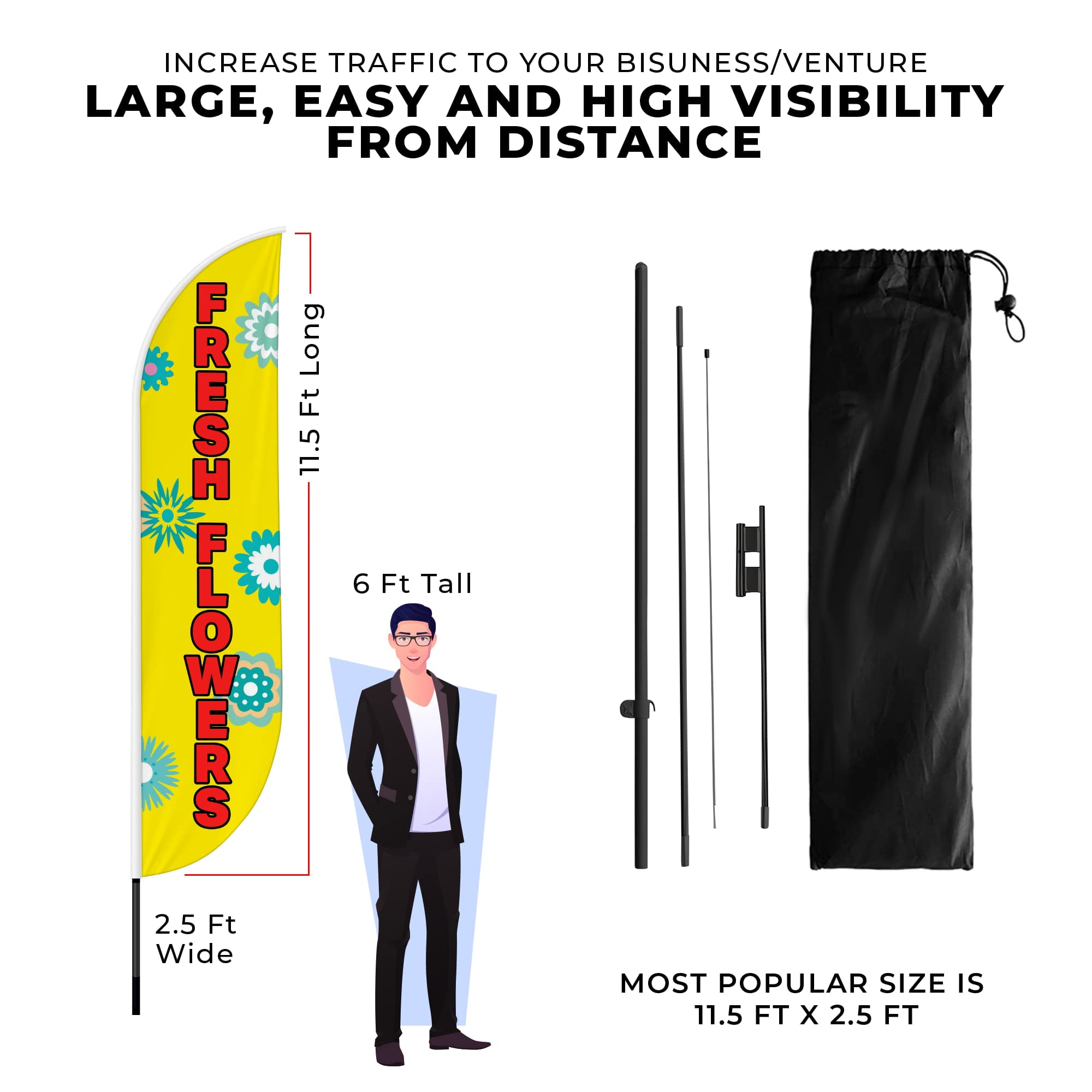 Flowers Feather Flag(11.5feetX2.5feet) by DreamController | Outdoor Business Advertising Tall Flag | Weather-Resistant Knitted Swooper Flag | Made in USA | HD Print (Flag Only)