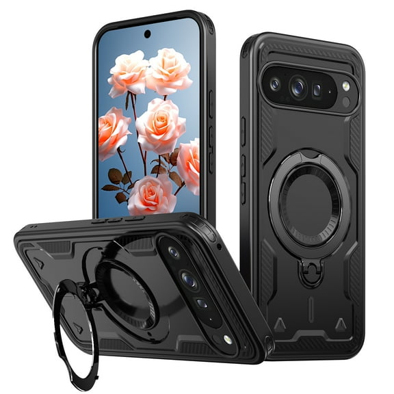 Dteck for Google Pixel 9 Pro XL Case, Magnetic for Car Holder Mount Holder 360 Degree Rotated Kickstand Ring Heavy Duty Protection Hard Rugged Protective Phone Cover for Pixel 9 Pro XL, Black