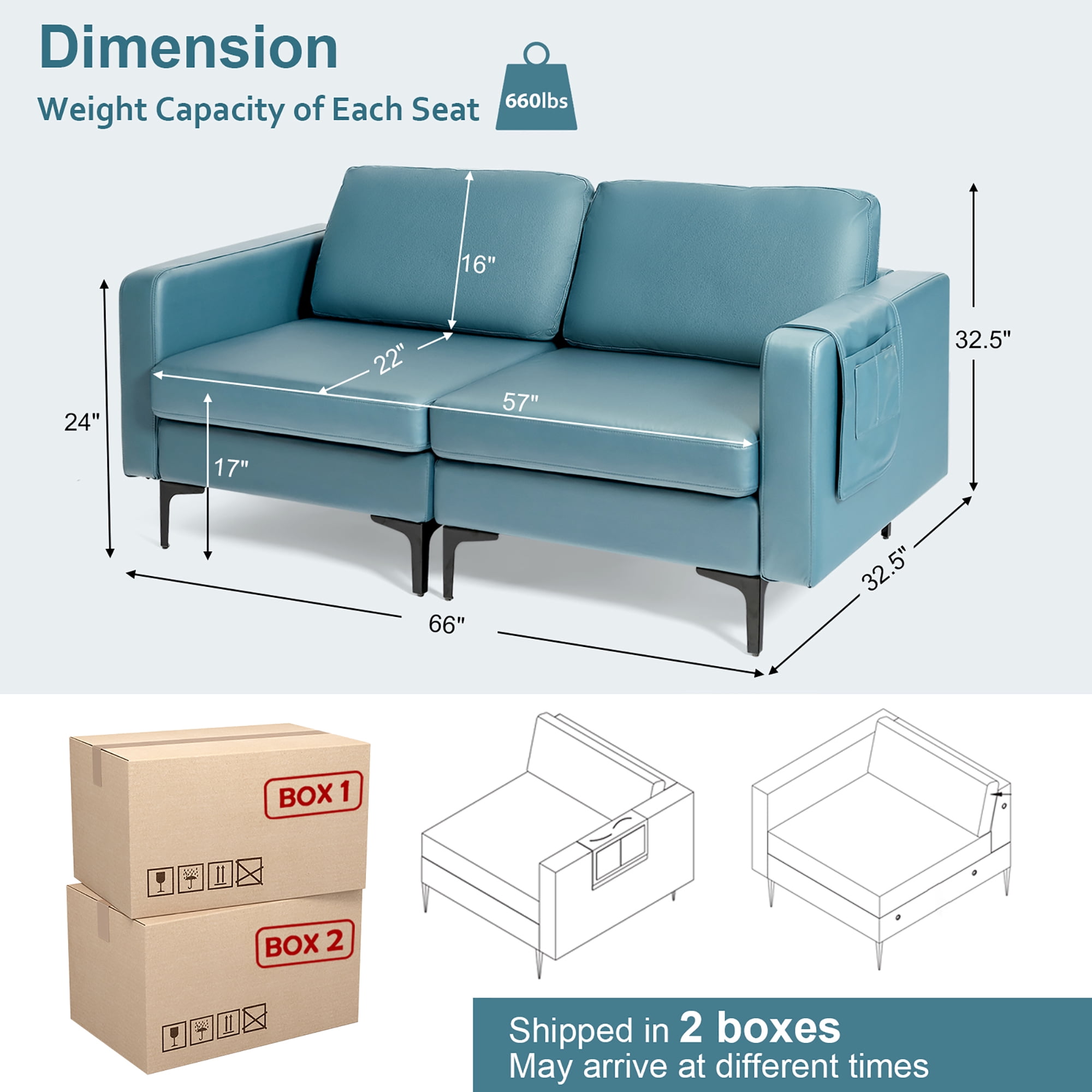 Costway Modern Loveseat Leathaire Fabric 2-Seat Sofa Couch w/ Side Storage Pocket Blue