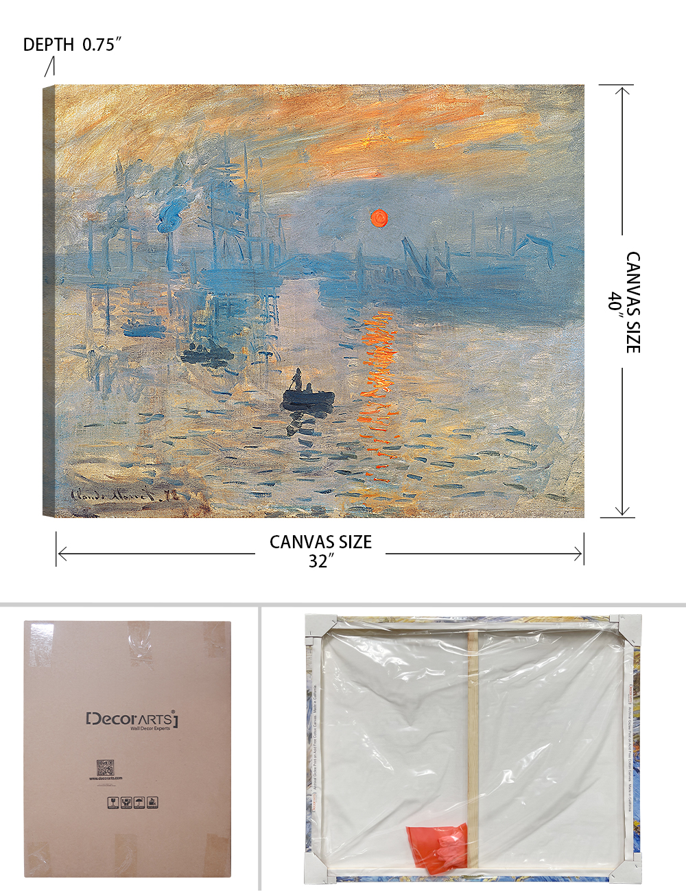 DECORARTS Impression Sunrise by Claude Monet Art Reproduction. Giclee  Prints Acid Free Cotton Canvas Wall Art for Home Decor W 40