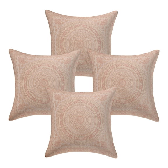 Stylo Culture Indian Brocade Living Room Throw Pillow Sham Covers White 16 x 16 Traditional Jacquard Weave Gold Sofa Cushion Covers 40x40 cm Polydupion Silk Mandala Square Pillow Cases | Set Of 4