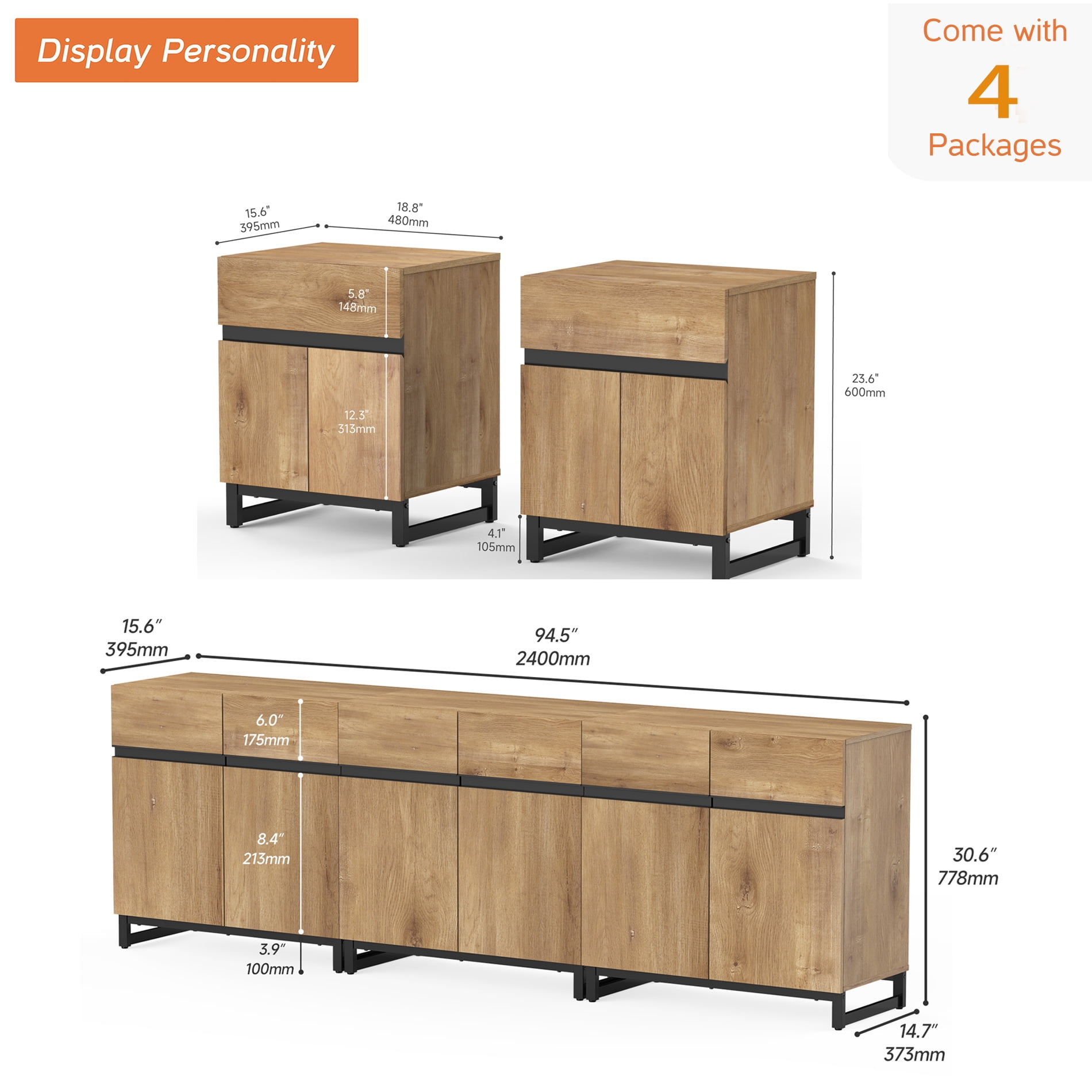 Modern 3-Piece Living Room Set – 94.5" TV Stand + 2 End Tables with Drawers, Entertainment Center with Storage Cabinet for Living Room,Oak