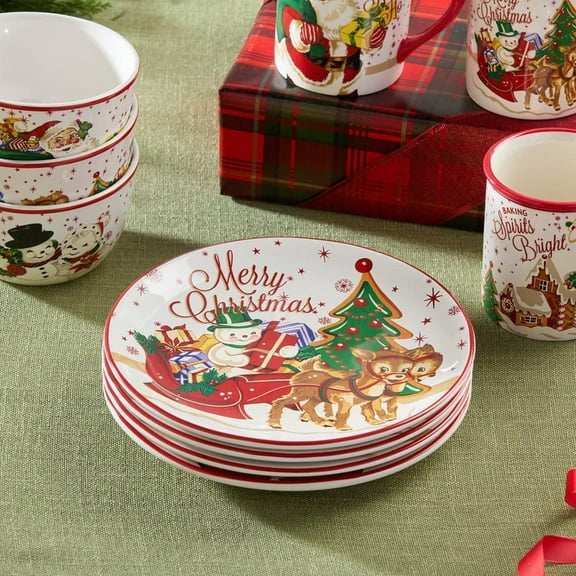 Santa's Retro Christmas Assorted Colors Ceramic 9 in. Dessert Plates (Set of 4)
