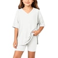 thumbnail image 2 of HOMBOM Big Girls Summer Outfits Casual Fashion Solid Color V Neck Short Sleeve T-Shirt and Shorts 2 Piece Set Age 4-15 Years,White,10-11 Years, 2 of 7