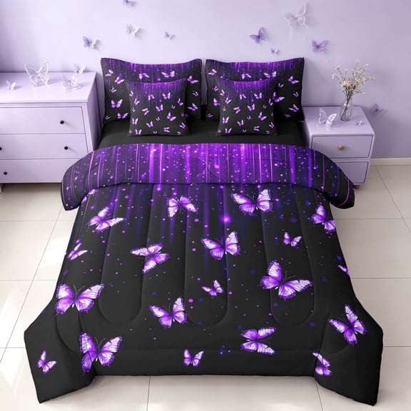 Homewish Purple Butterfly Twin Bedding for Girls, Glitter Stars Bedding Comforter Set, Black Reversible, 7 Pieces