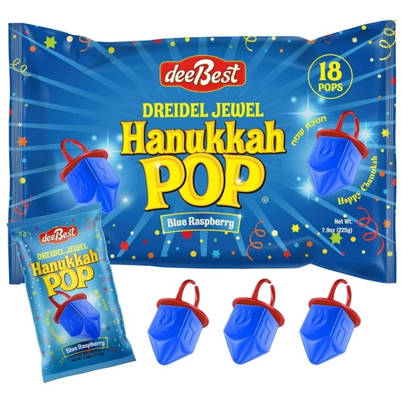 Dee Best Dreidel Jewel Pop Hanukkah Blue Raspberry Ring-Shaped Lollipops, Kosher Candy, Individual Wrapped Holiday Treats, 18 Count