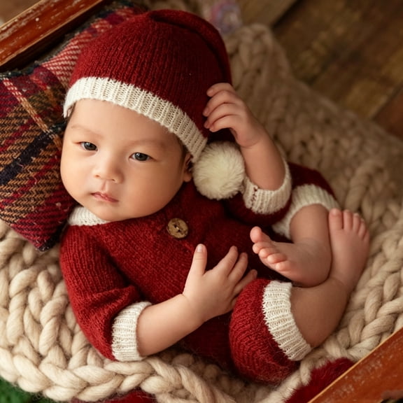 Newborn Christmas Photography Outfit Knitted Santa Romper with Pom pom Hat Baby Photo Prop Jumpsuit Baby Boy Girl for 0‑3 Months Infant
