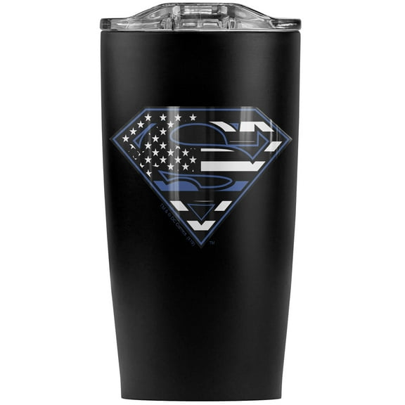 Superman Thin Blue Line Flag Shield Logo Stainless Steel 20 oz Travel Tumbler, Vacuum Insulated & Double Wall with Leakproof Sliding Lid | Great for Coffee/Hot Drinks and Cold Beverages