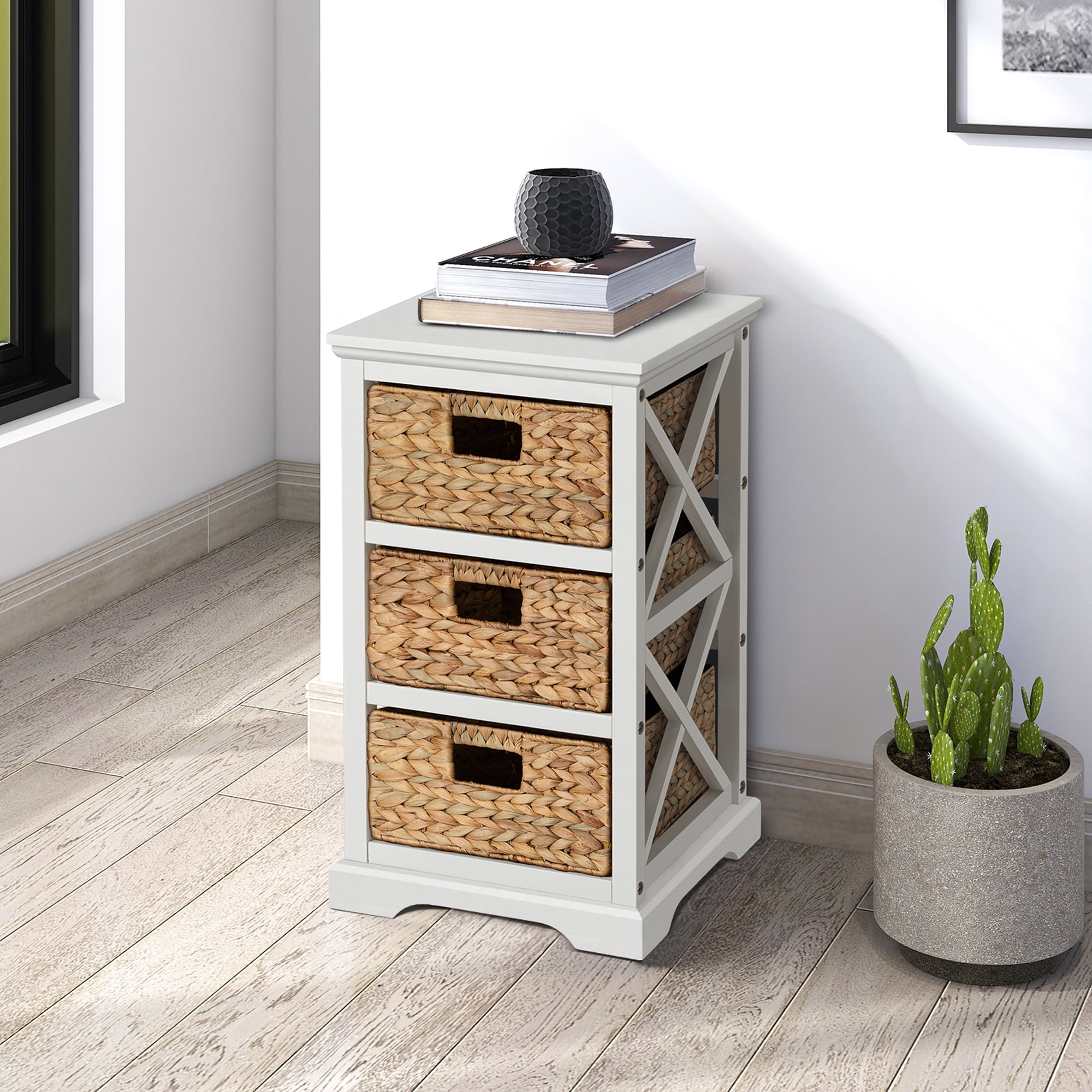 Hampton Meadows 3 Tier X-Side End Storage Cabinet with 3 Wicker Baskets, White