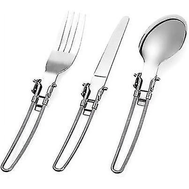 Juego de cubiertos para acampar (tenedor/cuchillo/cuchara), cuchillo plegable portátil, tenedor, cuchara para acampar al aire libre, senderismo, Picnic, plateado