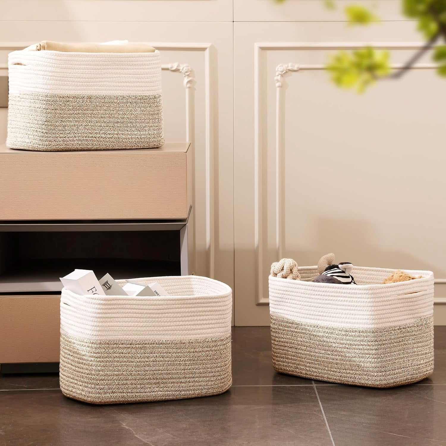 Baskets for Organizing - Cotton Rope Baskets for Shelves, 12” Decorative Woven Baskets for Storage, Organizer Bins for Living Room, Laundry, Bedroom, 4 Pack, White/Brown