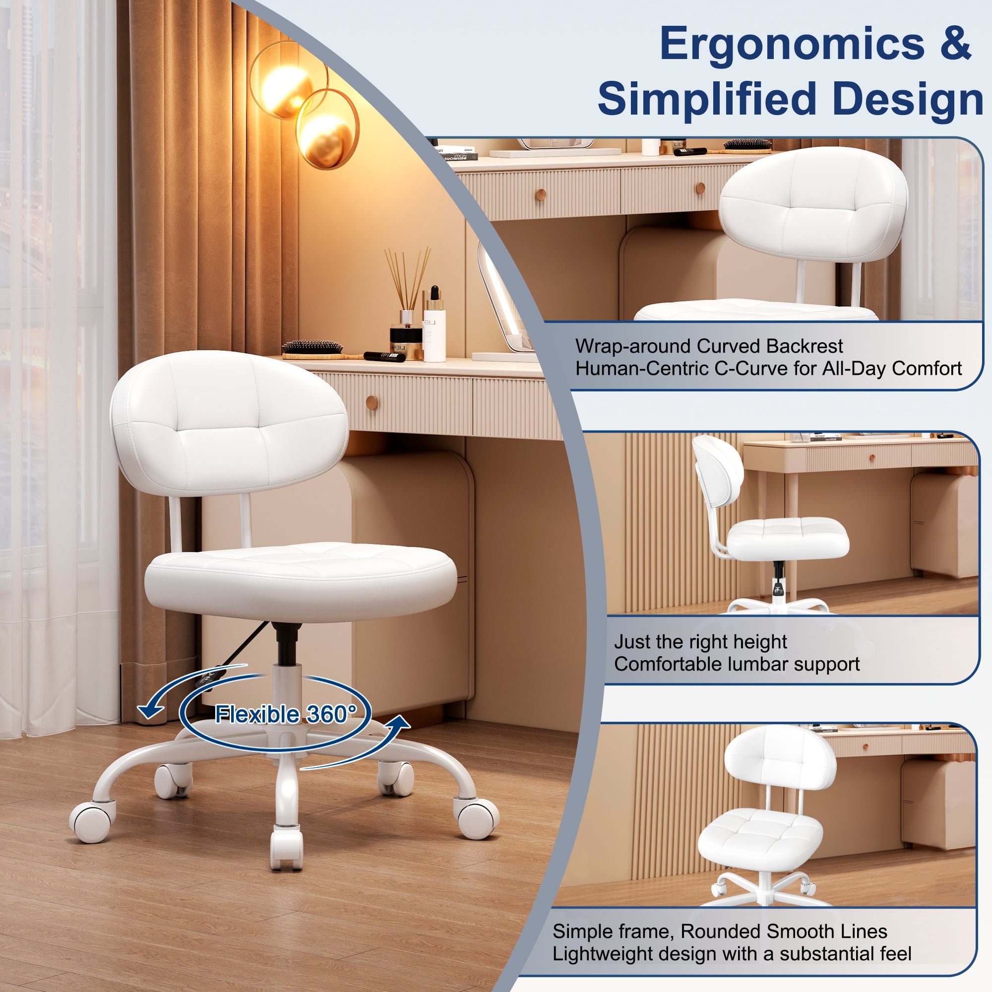 Misolant Vanity Chair with back, Small Armless Cute office Chair with wheels and Lumbar support, Comfy PU Leather Desk Computer Chairs with Adjustable Height, 360°Swivel for Home Bedroom Office