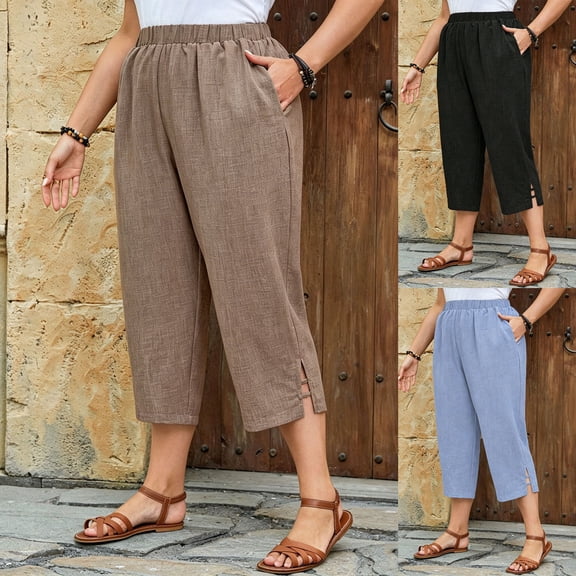 Liweisiy Plus Size Capri Pants For Womens Side Split Loose Fit Elastic Waisted Solid Color Trousers Casual Lightweight Pants Black 3XL
