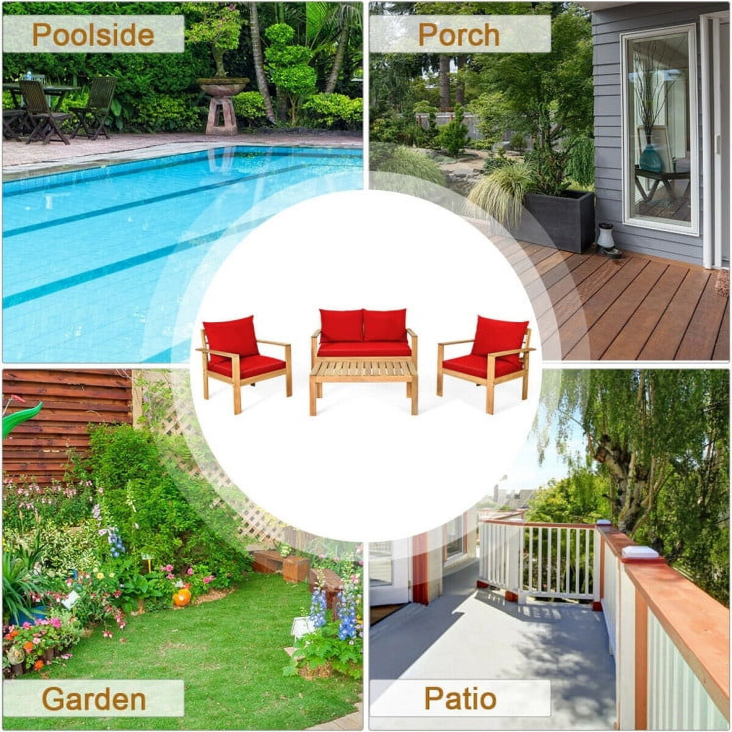 Aimee Lii 4 Pieces Patio Solid Wood Furniture Set, Wood Outdoor Furniture, Red Aimee Lii 4 Pieces Patio Solid Wood Furniture Set, Wood Outdoor Furniture, Red