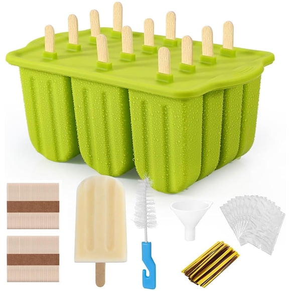 Moldes para Paletas de Hielo Silicona 12 Cavidades, Juego de Hielos Molde con Embudo, Sin BPA y Reutilizables, Ideal para Helado, Cepillos y Palos, Color Verde