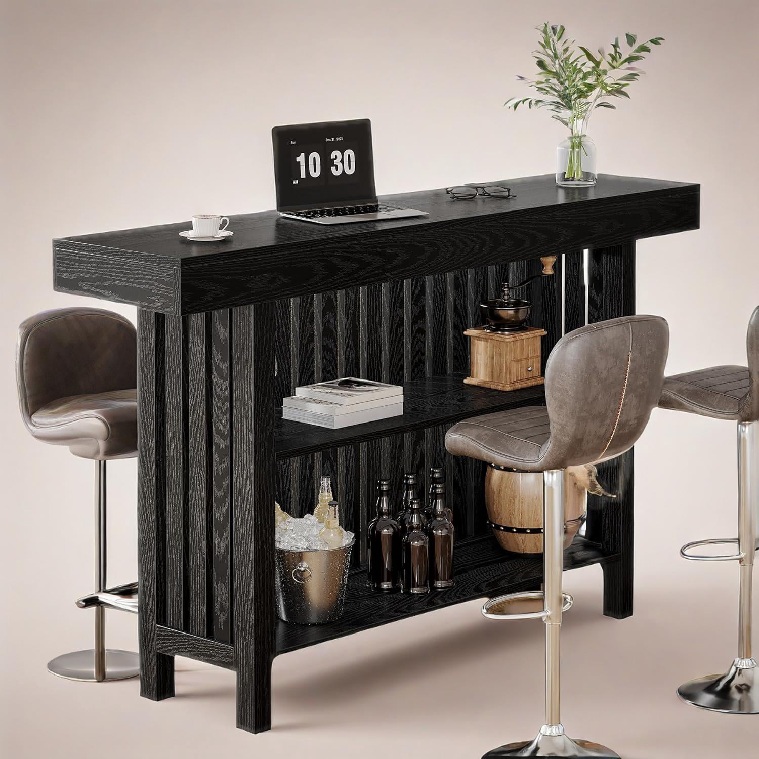All Black Bar Table with 2-Tier Storage, 62.99" x 15.75" Large Top, Sturdy Modern Bar Cabinet for Multi-Spaces