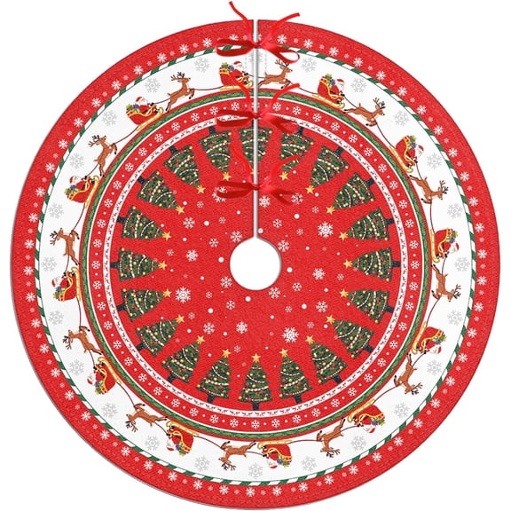 Christmas Tree Skirt 30 Inch, Red White Santa Claus Reindeer Snowflaks Xmas Tree Skirts, Vintage New Years Winter Mat for Home Party Holiday Indoor Outdoor Decorations