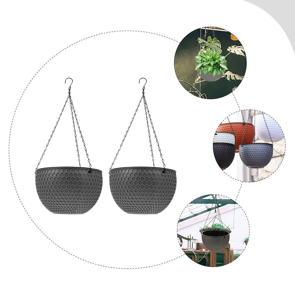 IBASETOY 2Pcs Dark Grey Plastic Round Hanging Planter Basket with Hook for Indoor Outdoor Succulent Display