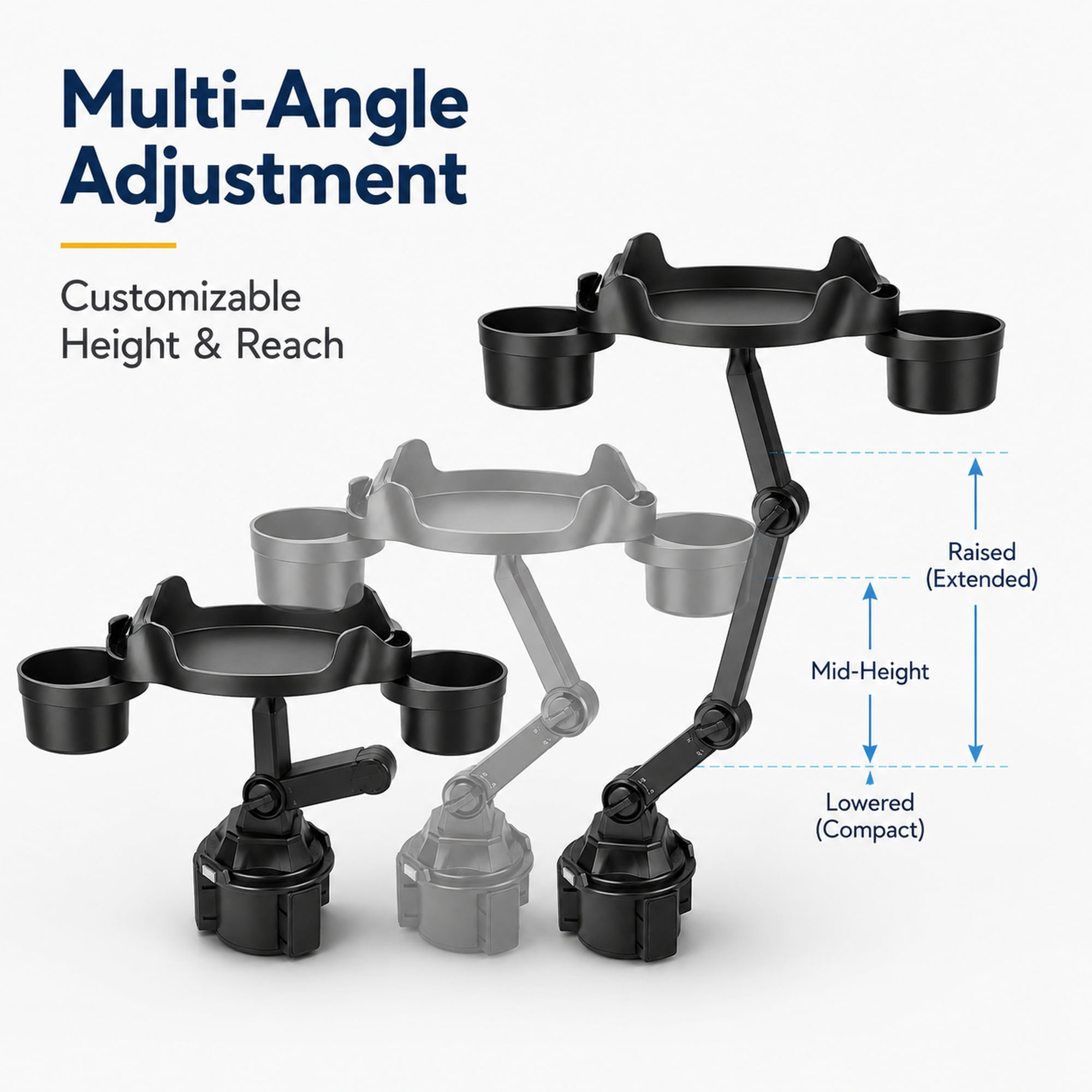 Black Adjustable Car Cup Holder Tray – Food and Drink Organizer with Dual Cup Holders, Snack Surface, and Swivel Arm
