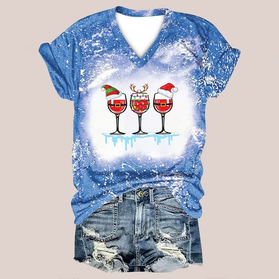 Herrnalise Women's Classic-Fit 100% Cotton Short-Sleeve T-Shirt Women Casual Print Christmas Loose Short Sleeve V-Neck Tops