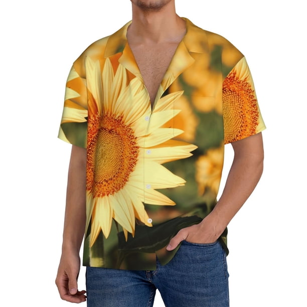 Fotbe Golden Sunflower In Field Camisa Estampada de Manga Corta para Hombre, Casual de Verano, Estilo Playero, Sin Arrugas-X-Large