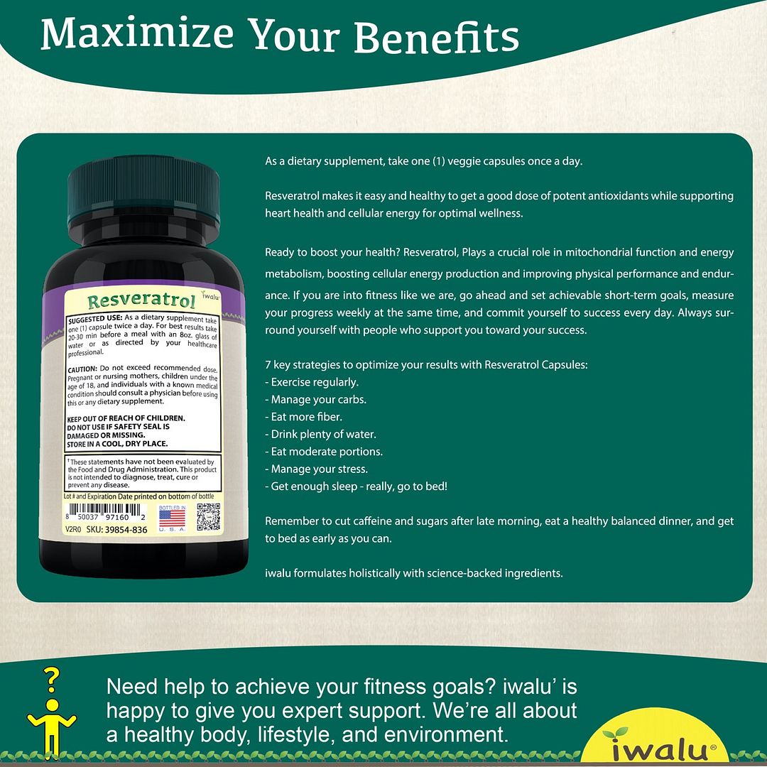 iwalu Resveratrol Complex | Support for Heart Health & Energy | Super Antioxidant Trans-Resveratrol - 60 Veg Capsules | USA Made | NSF Certified Dietary Supplement