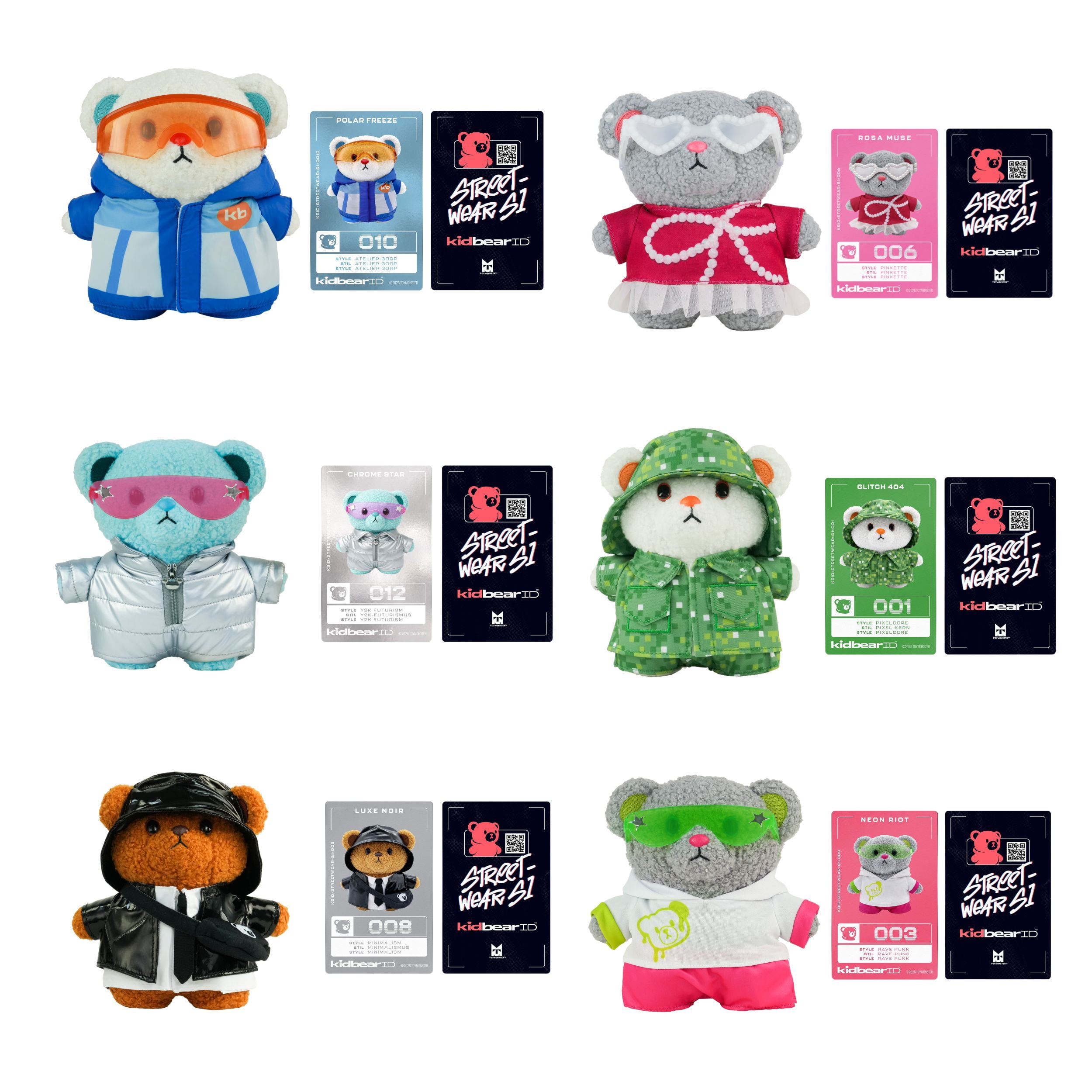 KidbearID Series 1 Streetwear Bears, Weighted Stand-Up Collectible Plush, Interchangeable Outfits, 12 to Collect, Ages 3+