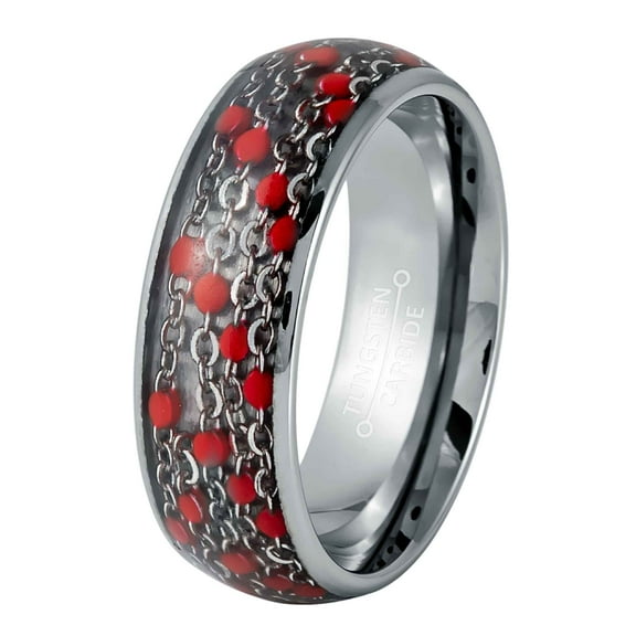 Jewelry Avalanche Mens Dome Tungsten Carbide Wedding Band Chains & Red Beads Inlay, Comfort Fit 8MM